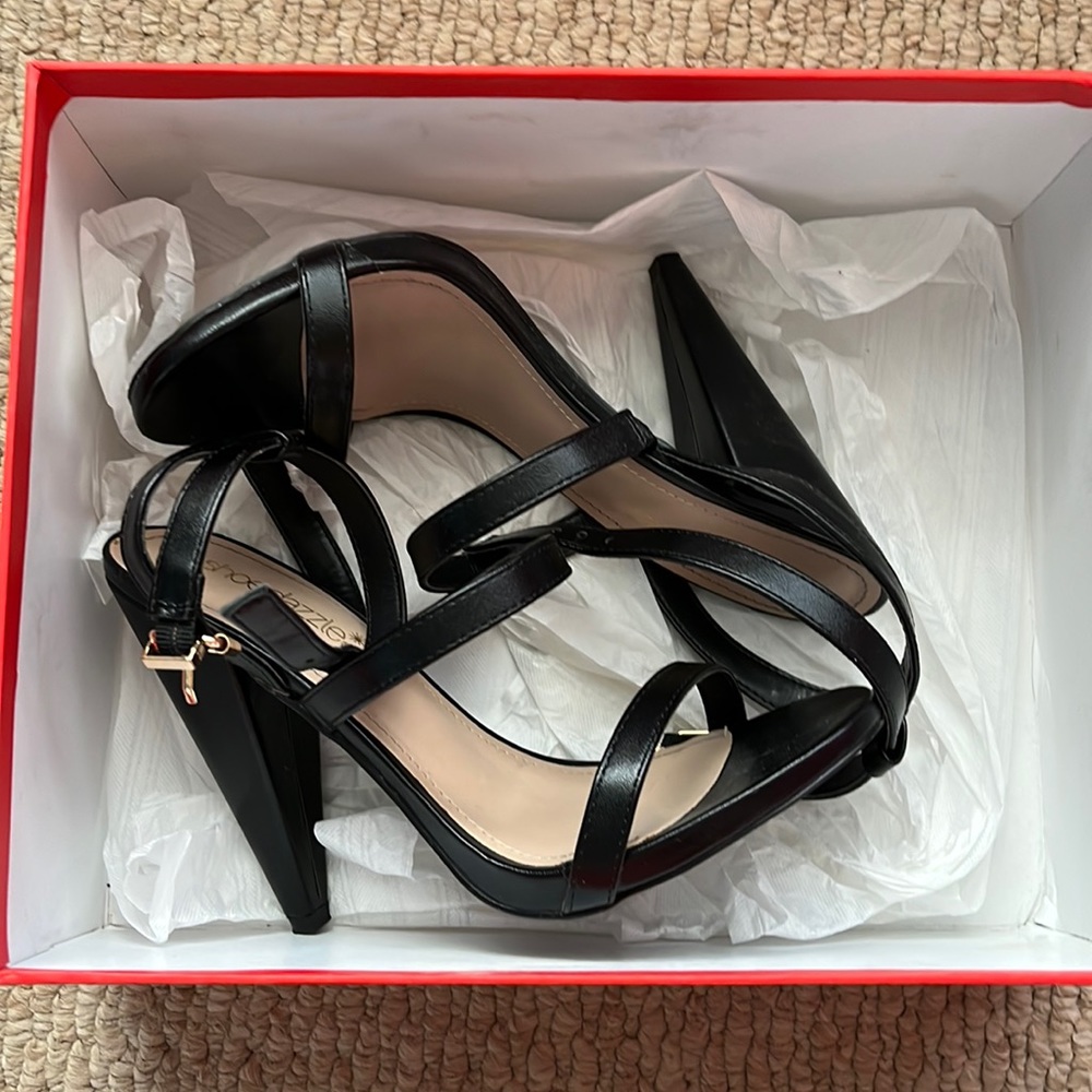 Black and gold cone heel sandals